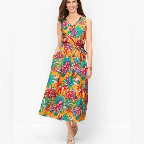 Talbots tropical parrot fit & flare midi dress women 10 vacation resort casual - Picture 1 of 11